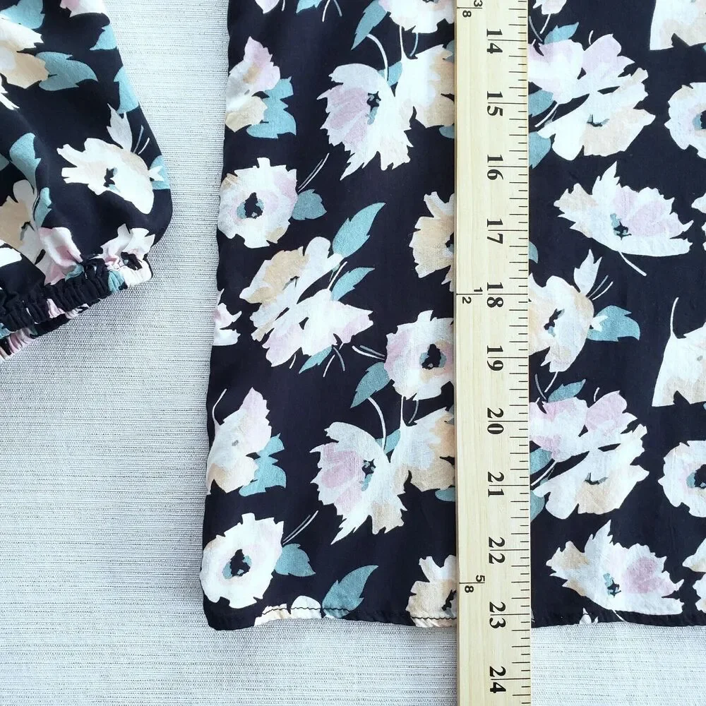 Philosophy Top Womens L Blue Floral Tie Neck Blouse Cottagecore Preppy Boho Twee